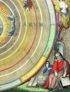 En astronom, detalj fra et kart over planetene, fra puben "A Celestial Atlas, or The Harmony of the Universe" (Atlas coelestis seu harmonia macrocosmica). av Joannes Janssonius, Amsterdam, 1660-61 (ha